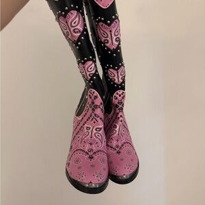 Sugar Thrillz Pink and Black Paisley Ankle Boots